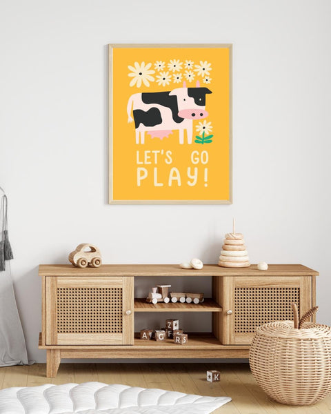 Let’s Go Play Cow Nursery Print, Colourful Farm Animal Wall Art, Kids Room Decor, Baby Nursery Print, Playroom Wall Art