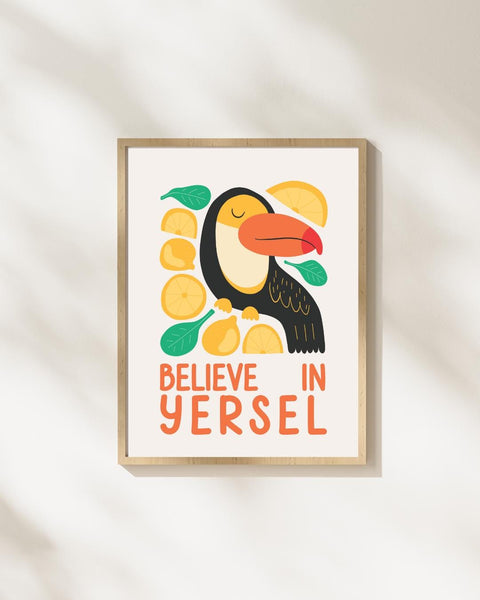 Believe in Yersel Nursery Print, Scottish Toucan Wall Art, Colourful Kids Room Decor, Positive Scots Quote, Scottish Baby Gift