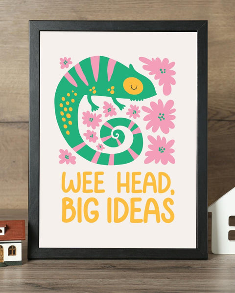 Wee Head Big Ideas Scottish Nursery Print, Colourful Chameleon Wall Art, Scots Kids Room Decor, Positive Nursery Art, Scottish Baby Gift