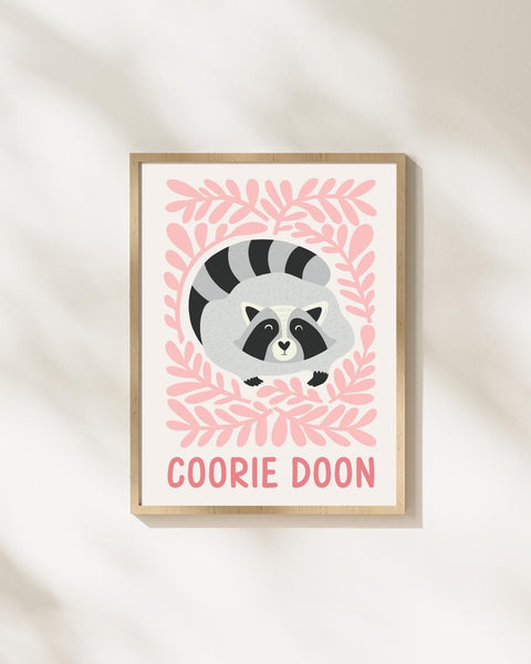 Scottish Raccoon Nursery Print, Coorie Doon Wall Art, Cute Scottish Baby Gift, Woodland Animal Nursery Decor, Kids Bedroom Print