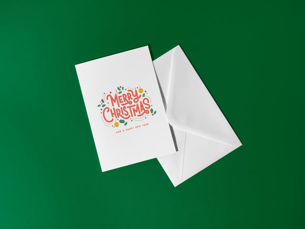 Merry Christmas Card | Retro Christmas Card | A6 Xmas Greeting Card | Colourful Festive Card | Modern Christmas Card | Holly Design