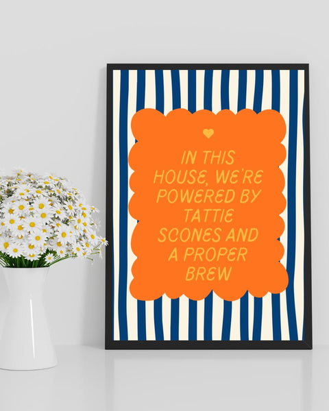 Tattie Scones & Proper Brew Print | Funny Scottish Kitchen Wall Art | Scottish Food Print | Colourful Scots Humour Gift (Unframed)