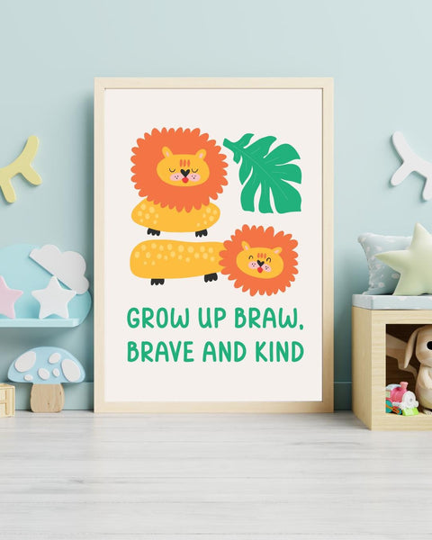 Grow Up Braw Brave and Kind Scottish Nursery Print, Lion Kids Wall Art, Colourful Scottish Baby Gift, Nursery Room Decor