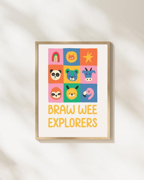 Braw Wee Explorers Nursery Print, Scottish Animal Wall Art, Colourful Kids Room Decor, Fun Scottish Baby Gift, Nursery Art Print
