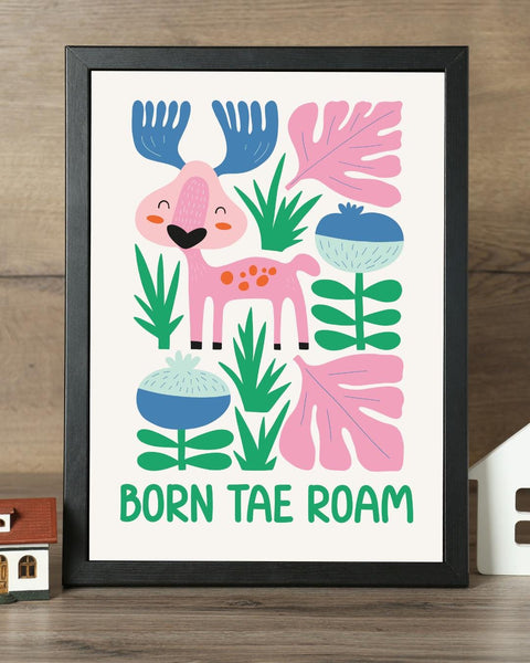 Born Tae Roam Scottish Nursery Print, Moose Kids Wall Art, Colourful Animal Nursery Decor, Scottish Baby Gift, Adventure Nursery Art