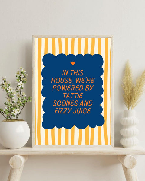 Tattie Scones & Fizzy Juice Print | Funny Scottish Kitchen Wall Art | Scottish Food Gift | Colourful Scots Humour Home Decor (Unframed)