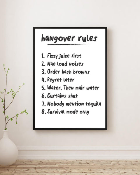 Scottish Hangover Rules Print | Funny Scottish Wall Art | Irn-Bru Gift | Pub Decor | Housewarming Gift (Unframed)