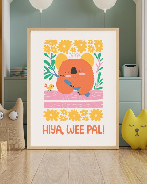 Hiya Wee Pal Koala Nursery Print, Scottish Kids Wall Art, Colourful Animal Nursery Decor, Fun Baby Room Print, Scottish Baby Gift