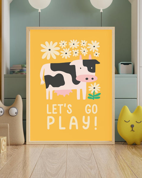Let’s Go Play Cow Nursery Print, Colourful Farm Animal Wall Art, Kids Room Decor, Baby Nursery Print, Playroom Wall Art