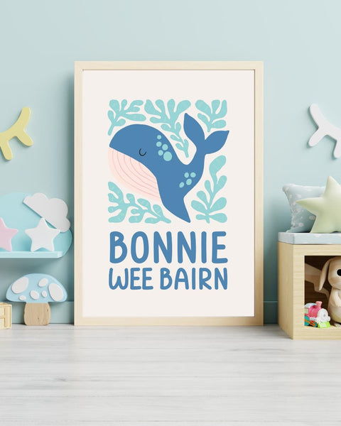 Bonnie Wee Bairn Whale Nursery Print, Scottish Baby Gift, Colourful Nursery Wall Art, Ocean Kids Print, Scots Nursery Decor
