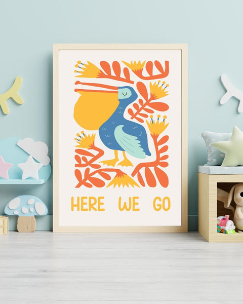 Here We Go Pelican Nursery Print, Colourful Kids Wall Art, Fun Nursery Decor, Scottish Kids Print, Playroom Wall Art, Baby Room Decor