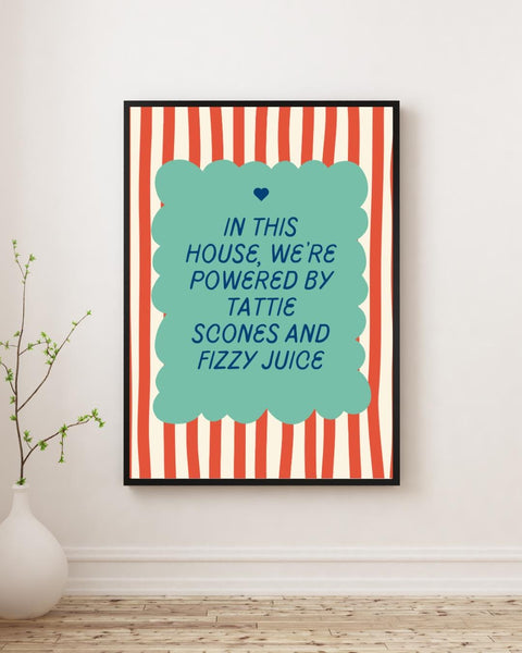Tattie Scones & Fizzy Juice Print | Funny Scottish Kitchen Wall Art | Scottish Food Gift | Colourful Scots Humour Home Decor (Unframed)