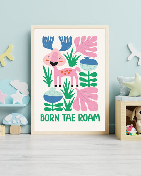 Born Tae Roam Scottish Nursery Print, Moose Kids Wall Art, Colourful Animal Nursery Decor, Scottish Baby Gift, Adventure Nursery Art
