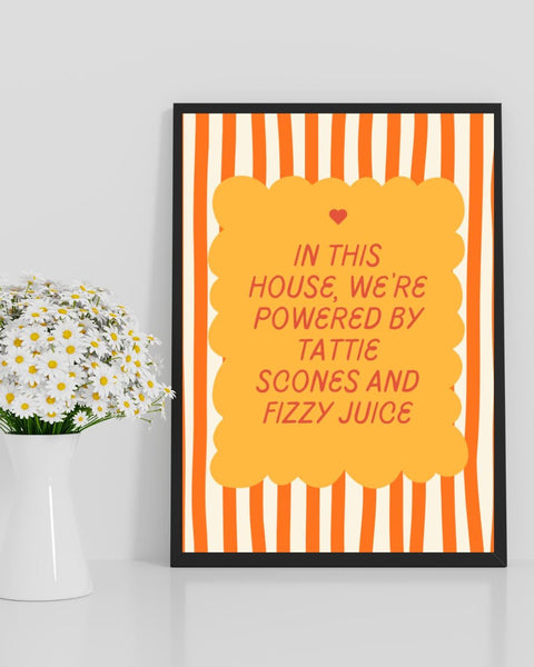 Tattie Scones & Fizzy Juice Print | Funny Scottish Kitchen Wall Art | Scottish Food Gift | Colourful Scots Humour Home Decor (Unframed)