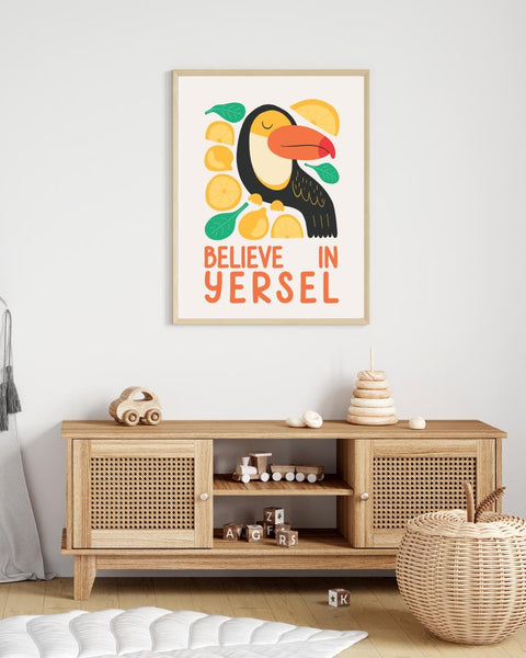 Believe in Yersel Nursery Print, Scottish Toucan Wall Art, Colourful Kids Room Decor, Positive Scots Quote, Scottish Baby Gift
