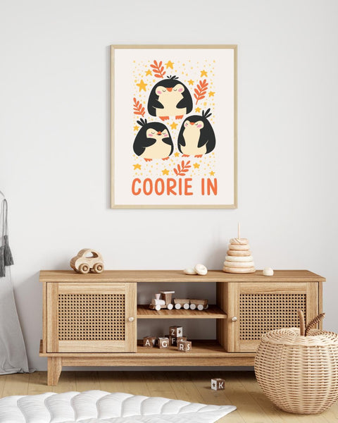 Coorie In Penguin Nursery Print, Scottish Kids Wall Art, Colourful Nursery Decor, Penguin Bedroom Print, Cosy Scottish Baby Gift