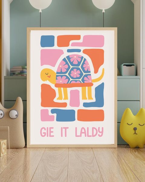 Gie It Laldy Scottish Nursery Print, Colourful Tortoise Wall Art, Scots Kids Room Decor, Positive Nursery Art, Scottish Baby Gift