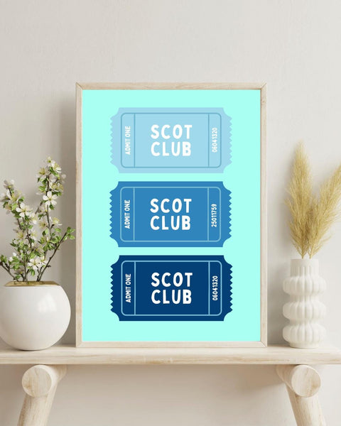Scot Club Ticket Print | Scottish Wall Art | Colourful Scotland Art | Retro Ticket Poster | Scottish Gift | Fun Scots Home Decor (Unframed)