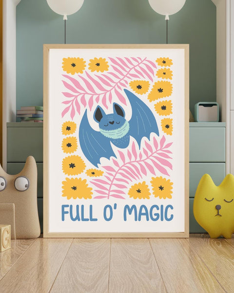 Scottish Bat Nursery Print, Full O’ Magic Wall Art, Cute Woodland Nursery Decor, Scottish Baby Gift, Colourful Kids Bedroom Print