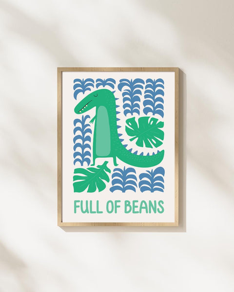 Full of Beans Dinosaur Nursery Print, Colourful Kids Wall Art, Fun Scottish Nursery Decor, Dinosaur Bedroom Print, Scottish Baby Gift