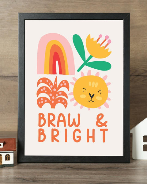 Braw & Bright Scottish Nursery Print, Colourful Lion Wall Art, Scots Language Baby Gift, Rainbow Kids Room Decor, Nursery Art