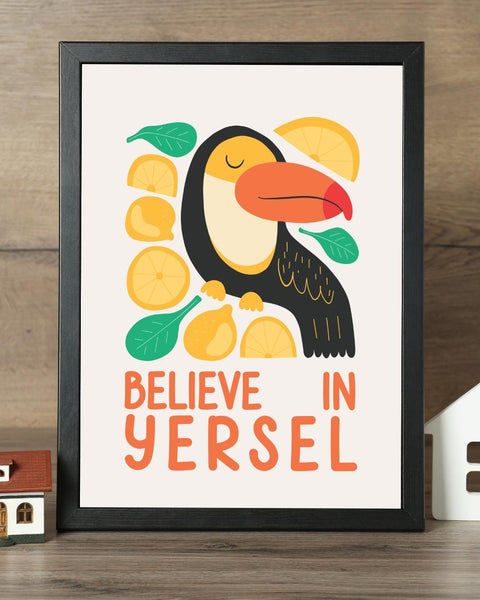 Believe in Yersel Nursery Print, Scottish Toucan Wall Art, Colourful Kids Room Decor, Positive Scots Quote, Scottish Baby Gift