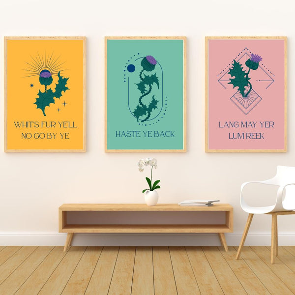 Scottish Thistle Print Set | Scots Sayings Wall Art | Colourful Scottish Prints | Scottish Home Gift | Scotland Gallery Wall Set (Unframed)