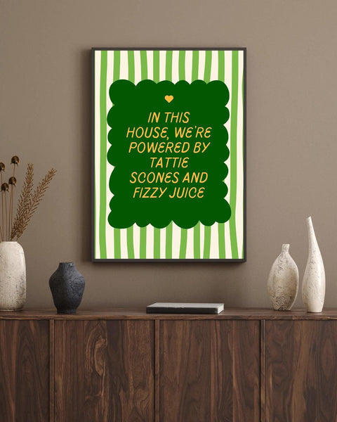 Tattie Scones & Fizzy Juice Print | Funny Scottish Kitchen Wall Art | Scottish Food Gift | Colourful Scots Humour Home Decor (Unframed)