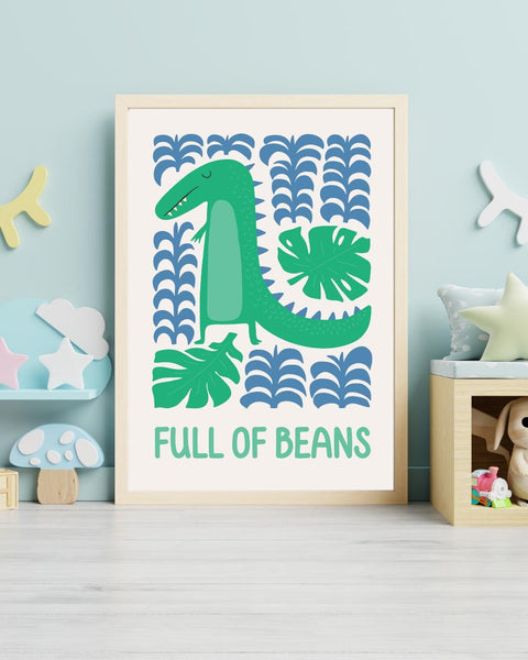 Full of Beans Dinosaur Nursery Print, Colourful Kids Wall Art, Fun Scottish Nursery Decor, Dinosaur Bedroom Print, Scottish Baby Gift