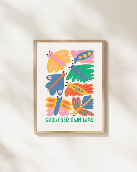 Grow Yer Own Way Scottish Nursery Print, Colourful Butterfly Wall Art, Scots Kids Room Decor, Positive Nursery Art, Scottish Baby Gift