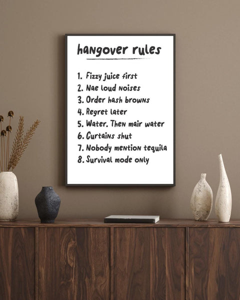 Scottish Hangover Rules Print | Funny Scottish Wall Art | Irn-Bru Gift | Pub Decor | Housewarming Gift (Unframed)