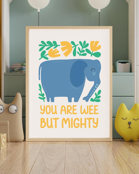 Scottish Elephant Nursery Print, You Are Wee But Mighty Wall Art, Scottish Baby Gift, Colourful Animal Nursery Decor, Kids Room Print