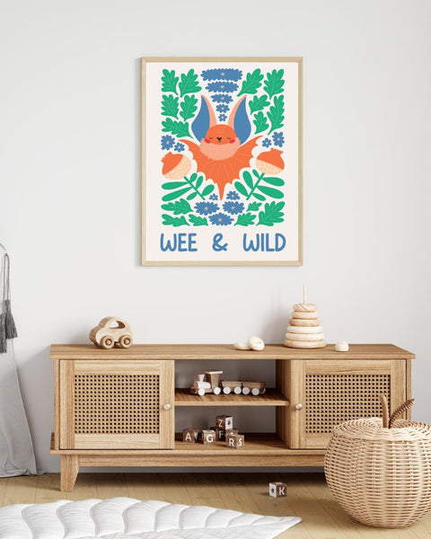 Scottish Bat Nursery Print, Wee & Wild Wall Art, Colourful Woodland Nursery Decor, Scottish Baby Gift, Kids Bedroom Print