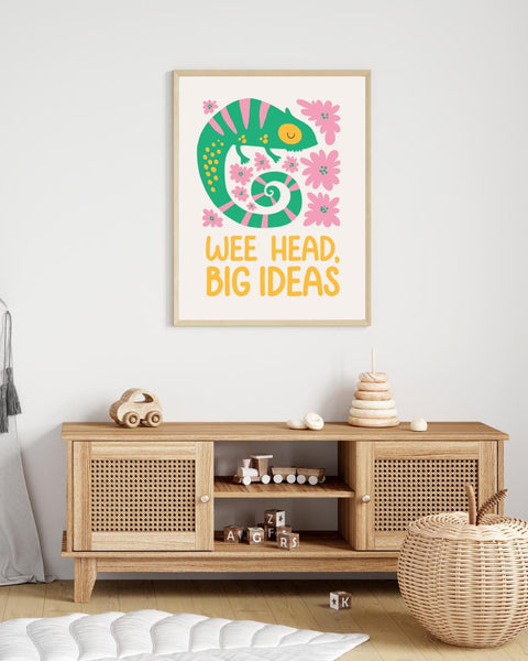 Wee Head Big Ideas Scottish Nursery Print, Colourful Chameleon Wall Art, Scots Kids Room Decor, Positive Nursery Art, Scottish Baby Gift
