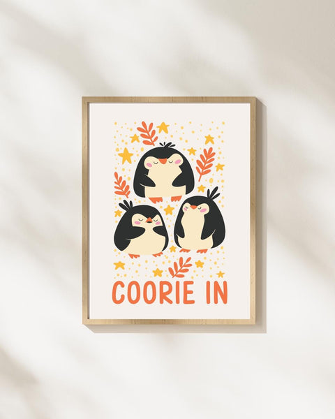 Coorie In Penguin Nursery Print, Scottish Kids Wall Art, Colourful Nursery Decor, Penguin Bedroom Print, Cosy Scottish Baby Gift