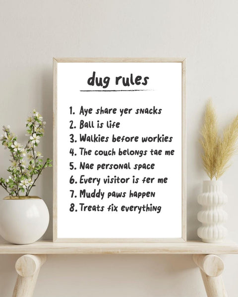 Scottish Dug Rules Print | Funny Dog Wall Art | Scots Language Pet Decor | Dog Lover Gift | House Rules Sign (Unframed)