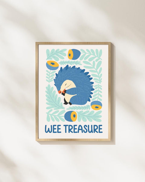 Scottish Hedgehog Nursery Print, Wee Treasure Wall Art, Cute Woodland Nursery Decor, Scottish Baby Gift, Colourful Kids Room Print