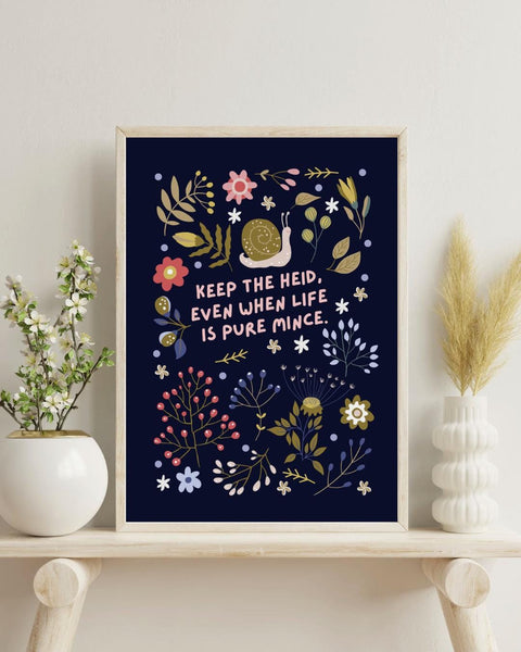 Scottish Affirmation Print, Keep The Heid, Mental Health Art, Floral Snail Design