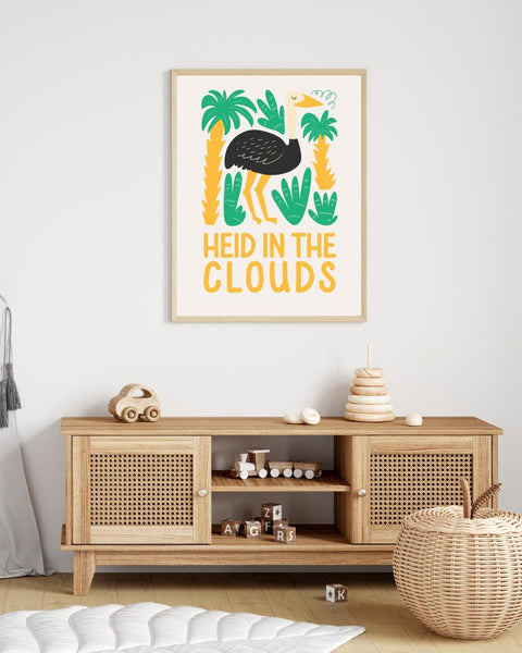 Heid in the Clouds Scottish Nursery Print, Ostrich Wall Art, Colourful Kids Room Decor, Scots Nursery Art, Scottish Baby Gift