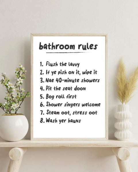 Scottish Bathroom Rules Print | Funny Scots Bathroom Wall Art | Bathroom Decor | Housewarming Gift (Unframed)