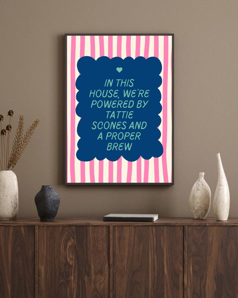 Tattie Scones & Proper Brew Print | Funny Scottish Kitchen Wall Art | Scottish Food Print | Colourful Scots Humour Gift (Unframed)