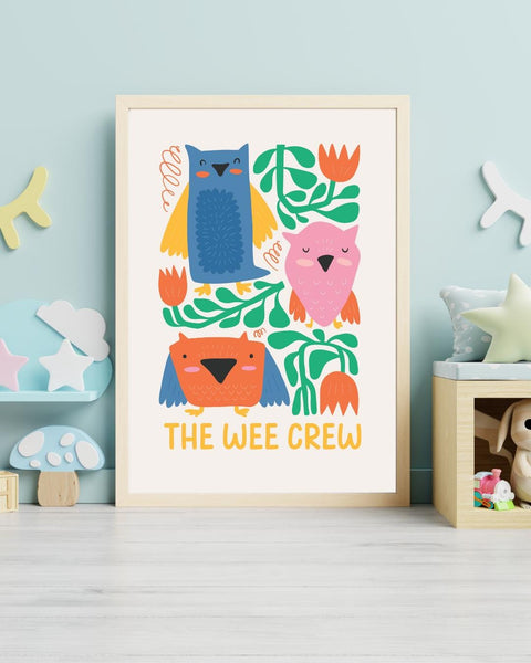 The Wee Crew Scottish Nursery Print, Colourful Owl Wall Art, Scots Kids Room Decor, Scottish Baby Gift, Animal Nursery Print