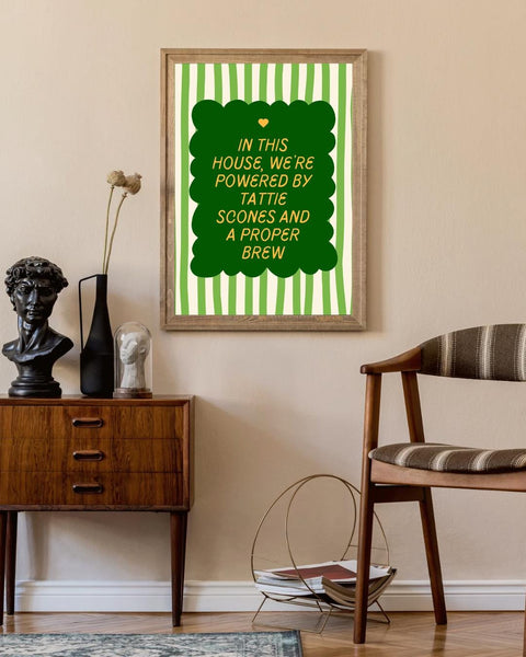 Tattie Scones & Proper Brew Print | Funny Scottish Kitchen Wall Art | Scottish Food Print | Colourful Scots Humour Gift (Unframed)