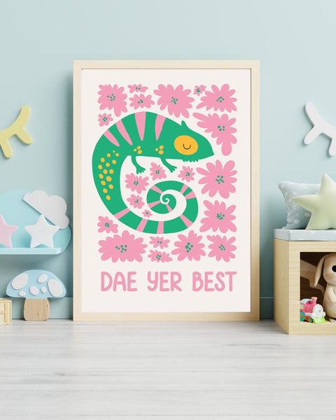 Dae Yer Best Scottish Nursery Print, Colourful Chameleon Wall Art, Scots Kids Room Decor, Positive Nursery Art, Scottish Baby Gift