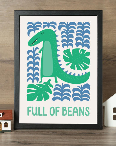 Full of Beans Dinosaur Nursery Print, Colourful Kids Wall Art, Fun Scottish Nursery Decor, Dinosaur Bedroom Print, Scottish Baby Gift