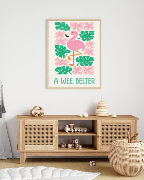 A Wee Belter Scottish Nursery Print, Flamingo Wall Art, Colourful Kids Room Decor, Scots Baby Gift, Nursery Animal Print