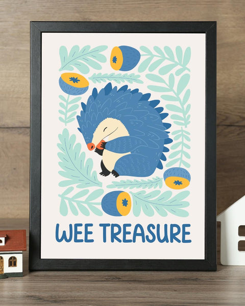 Scottish Hedgehog Nursery Print, Wee Treasure Wall Art, Cute Woodland Nursery Decor, Scottish Baby Gift, Colourful Kids Room Print