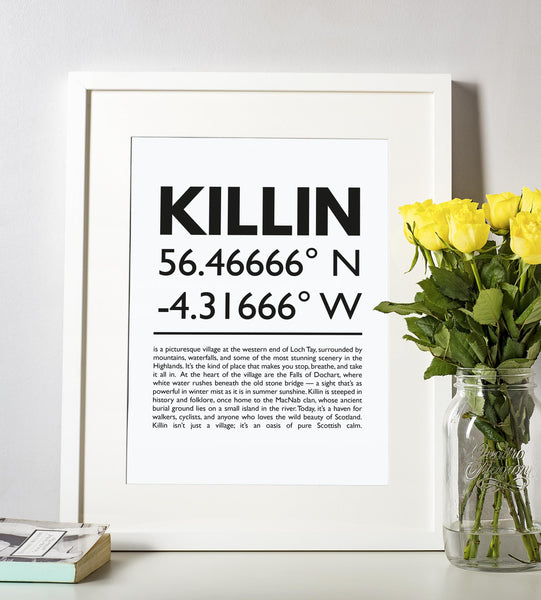 Killin Perthshire Scottish Highlands Latitude Longitude Definition UNFRAMED PRINT | Scots Room Home Decor | Scotland Gift Scottish Souvenir
