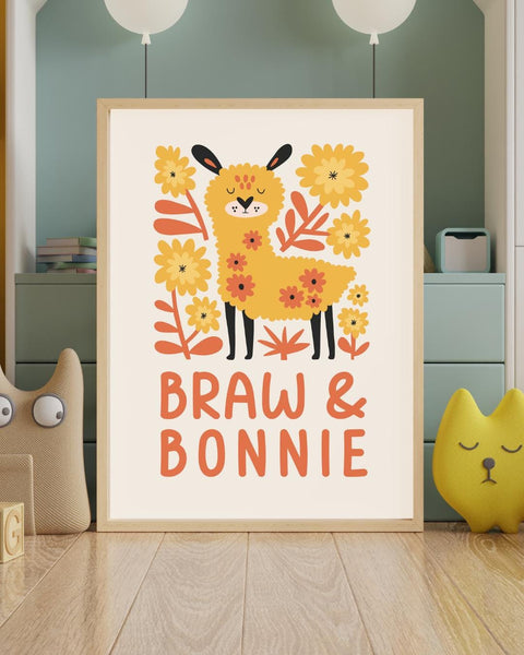 Scottish Llama Nursery Print, Braw & Bonnie Wall Art, Colourful Animal Nursery Decor, Scottish Baby Gift, Kids Bedroom Print