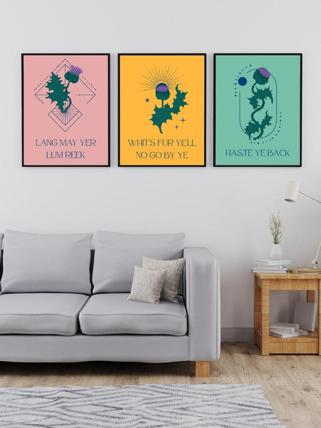 Scottish Thistle Print Set | Scots Sayings Wall Art | Colourful Scottish Prints | Scottish Home Gift | Scotland Gallery Wall Set (Unframed)
